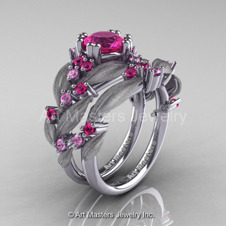 Nature Classic 14K White Gold 1.0 Ct Pink Sapphire Leaf and Vine Engagement Ring Wedding Band Set R340SS-14KWGPS-1
