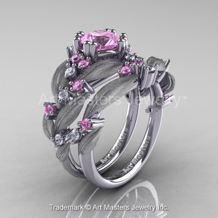Nature Classic 14K White Gold 1.0 Ct Light Pink Sapphire Diamond Leaf and Vine Engagement Ring Wedding Band Set R340SS-14KWGDLPS-1