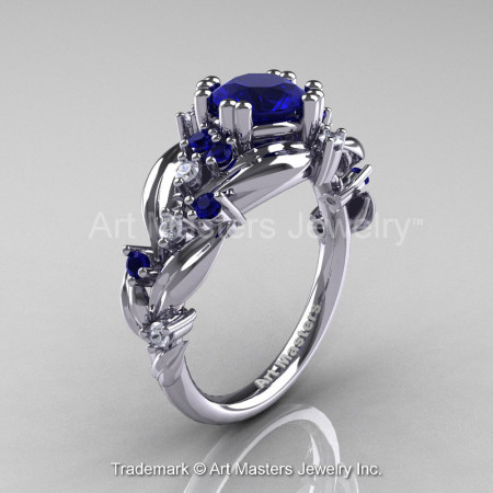 Nature Classic 14K White Gold 1.0 Ct Royal Blue Sapphire Diamond Leaf and Vine Engagement Ring R340-14KWGDBS-1