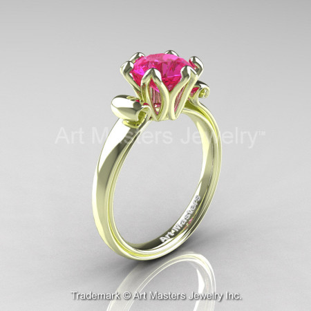 Modern Antique 14K Green Gold 1.5 Carat Pink Sapphire Solitaire Engagement Ring AR127-14KGRGPS-1