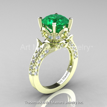 Classic French 14K Green Gold 3.0 Ct Emerald Diamond Solitaire Wedding Ring R401-14KGRGDEM-1