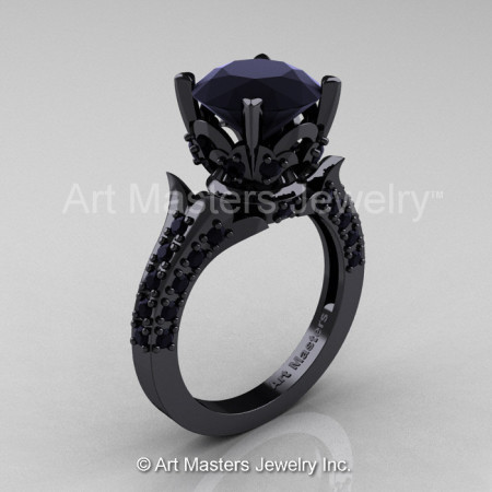 Classic French 14K Black Gold 3.0 Ct Black Diamond Solitaire Wedding Ring R401-14KBGBD-1