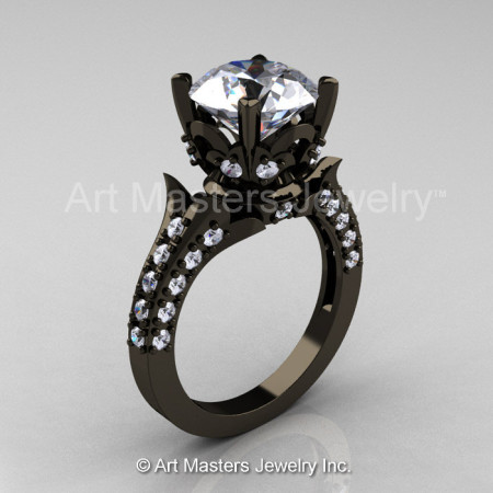 Classic French 14K Black Gold 3.0 Carat Cubic Zirconia Diamond Solitaire Wedding Ring R401-14KBGDCZ-1