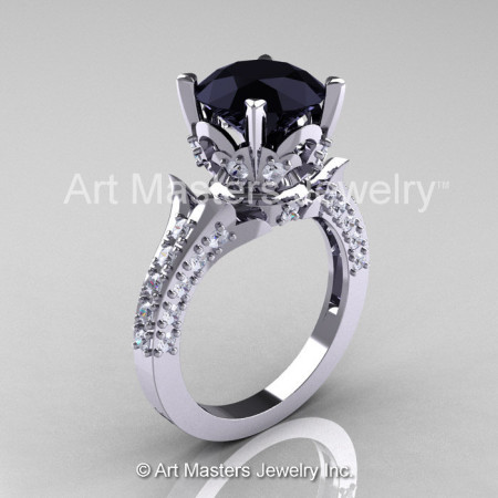 Classic French 14K White Gold 3.0 Carat Black Diamond Accent White Diamond Solitaire Wedding Ring R401-14KWGDBD-1