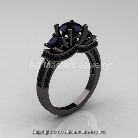 French 14K Black Gold Three Stone Black Diamond Wedding Ring Engagement Ring R182-14KBGBD-1