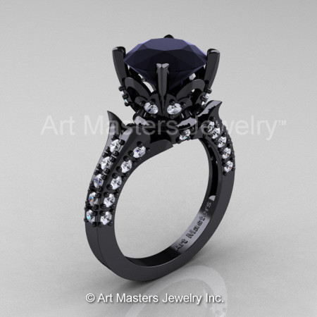 Exclusive French 14K Black Gold 3.0 Ct Black and White Diamond Solitaire Wedding Ring R401-14KBGDBD-1