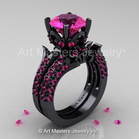 14K Black Gold French Vintage 3.0 Ct Pink Sapphire Solitaire and Wedding Ring Bridal Set R401S-14KBGPS-1