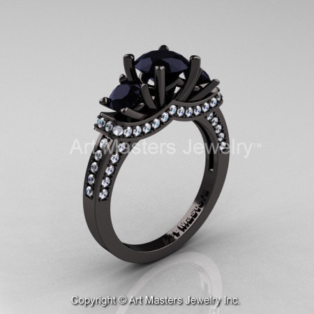 French 14K Black Gold Three Stone Black White Diamond Wedding Ring Engagement Ring R182-14KBGDBD-1