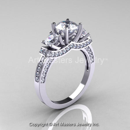 French Platinum Three Stone White Sapphire Diamond Wedding Ring Engagement Ring R182-PLATDWS-1