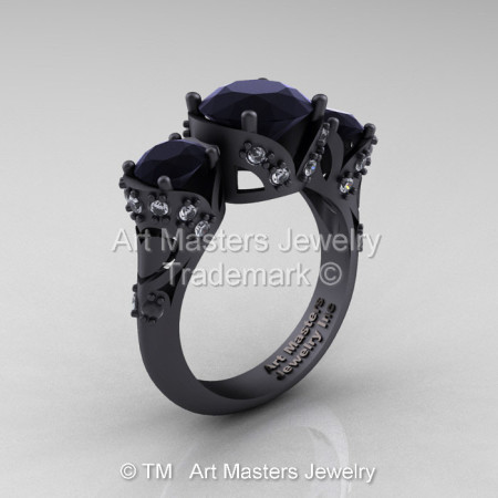 Scandinavian 14K Matte Black Gold 2.0 Ct Black and White Diamond Three Stone Designer Engagement Ring R406-14KMBGDBD-1