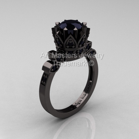Exclusive Classic Armenian 14K Black Gold 1.0 Black Diamond Bridal Solitaire Ring R405-14KBGBD-1