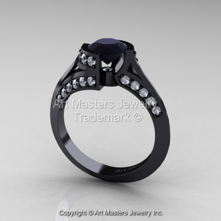 Exclusive French 14K Black Gold 1.0 Ct Black and White Diamond Engagement Ring Wedding Ring R376-14KBGDBD-1
