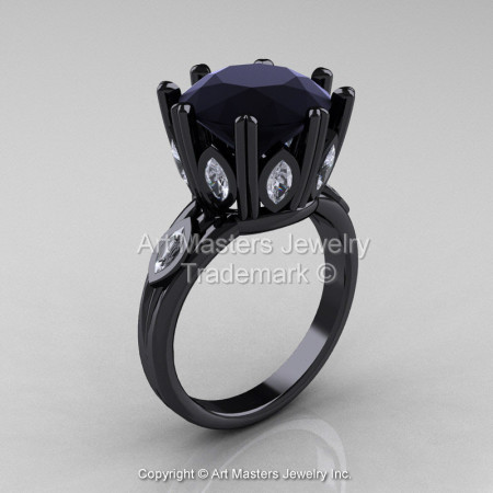 Classic 14K Black Gold 5.0 Ct Black Diamond Marquise White Sapphire Solitaire Ring R160-14KBGWSBD-1