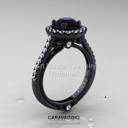 Caravaggio 14K Black Gold 1.0 Ct Black Moissanite Diamond Engagement Ring Wedding Ring R621-14KBGDBM-1