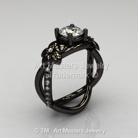 Designer Classic 14K Black Gold 1.0 CT White Sapphire Diamond  Leaf and Vine Wedding Ring Engagement Ring R180-14KBGDWS-1