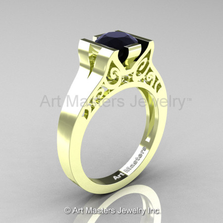 Modern Classic 14K Green Gold 1.0 CT Black Diamond Engagement Ring Wedding Ring R36N-14KGGBD-1