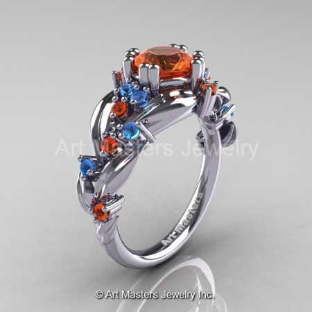 Nature Classic 14K White Gold 1.0 Ct Orange Sapphire Blue Topaz Leaf and Vine Engagement Ring R340-14KWGBTOS-1