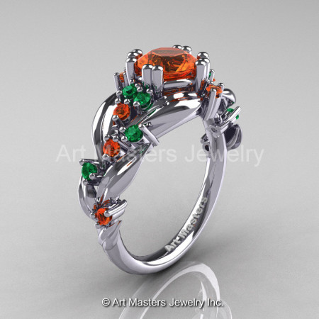 Nature Classic 14K White Gold 1.0 Ct Orange Sapphire Emerald Leaf and Vine Engagement Ring R340-14KWGEMOS-1