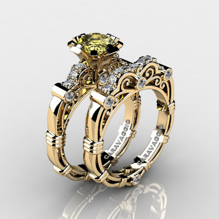 Art Masters Caravaggio 14K Yellow Gold 1.0 Ct Yellow Topaz Diamond Engagement Ring Wedding Band Set R623S-14KYGDYT-1