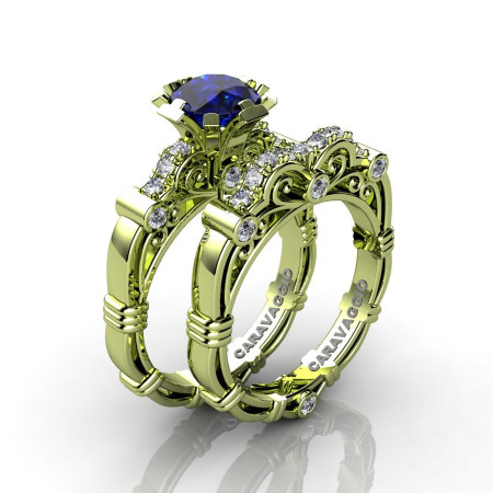 Art Masters Caravaggio 18K Green Gold 1.0 Ct Blue Sapphire Diamond Engagement Ring Wedding Band Set R623S-18KGGDBS-1