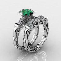 Art Masters Caravaggio 14K White Gold 1.0 Ct Emerald Diamond Engagement Ring Wedding Band Set R623S-14KWGDEM-1