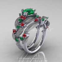 Nature Classic 14K White Gold 1.0 Ct Emerald Rubies Leaf and Vine Engagement Ring Wedding Band Set R340SS-14KWGREM-1