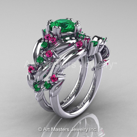 Nature Classic 14K White Gold 1.0 Ct Emerald Pink Sapphire Leaf and Vine Engagement Ring Wedding Band Set R340S-14KWGPSEM-1