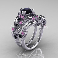 Nature Classic 14K White Gold 1.0 Ct Black Diamond Light Pink Sapphire Leaf and Vine Engagement Ring Wedding Band Set R340S-14KWGLPSBD-1