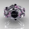 Nature Classic 14K White Gold 1.0 Ct Black Diamond Light Pink Sapphire Leaf and Vine Engagement Ring Wedding Band Set R340S-14KWGLPSBD-2