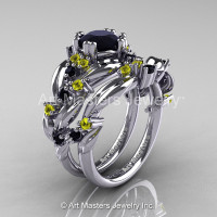 Nature Classic 14K White Gold 1.0 Ct Black Diamond Yellow Sapphire Leaf and Vine Engagement Ring Wedding Band Set R340S-14KWGYSBD-1