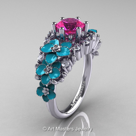 Nature Classic 14K White Gold 1.0 Ct Pink Sapphire Diamond Turquoise Orchid Engagement Ring R604-14KWGDTPS-1