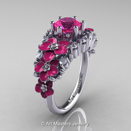 Nature Classic 14K White Gold 1.0 Ct Pink Sapphire Diamond Pink Orchid Engagement Ring R604-14KWGDPPS-1