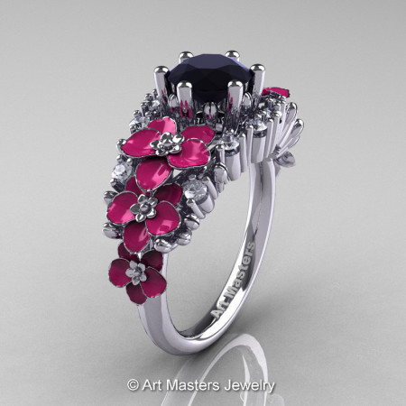 Nature Classic 14K White Gold 1.0 Ct Black and White Diamond Pink Orchid Engagement Ring R604-14KWGDPBD-1