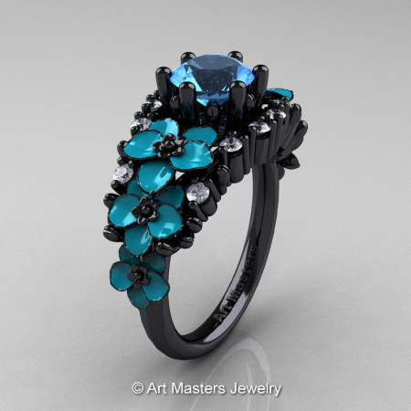 Nature Classic 14K Black Gold 1.0 Ct Blue Topaz Diamond Turquoise Orchid Engagement Ring R604-14KBGDTBT-1