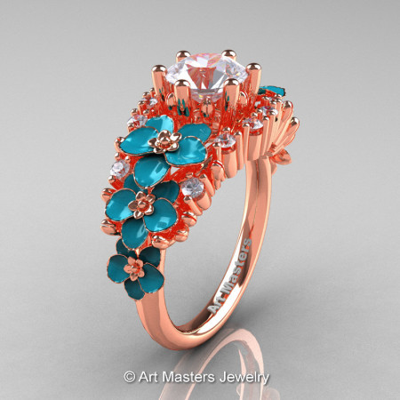 Nature Classic 18K Rose Gold 1.0 Ct White Sapphire Diamond Turquoise Orchid Engagement Ring R604-18KRGDTWS-1