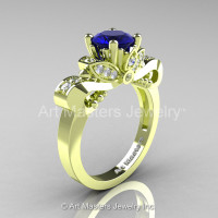 Classic 18K Green Gold 1.0 Ct Blue Sapphire Diamond Solitaire Engagement Ring R323-18KGGDBS-1