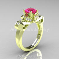 Classic 18K Green Gold 1.0 Ct Pink Sapphire Diamond Solitaire Engagement Ring R323-18KGGDPS-1