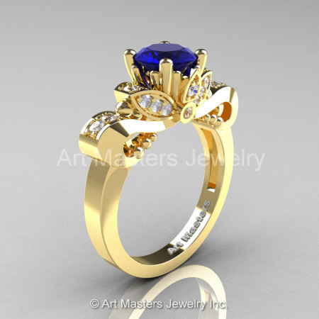 Classic 14K Yellow Gold 1.0 Ct Blue Sapphire Diamond Solitaire Engagement Ring R323-14KYGDBS-1