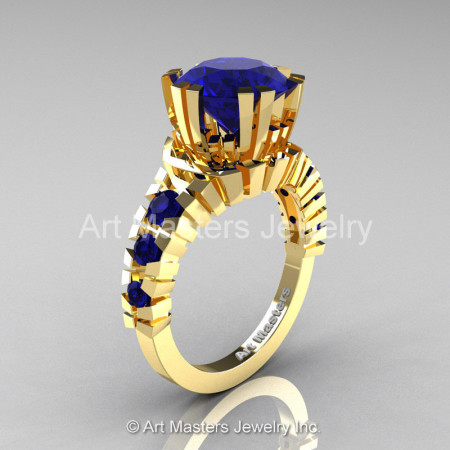 Modern 18K Yellow Gold 3.0 Ct Blue Sapphire Solitaire Wedding Anniversary Ring R325-18KYGBS-1