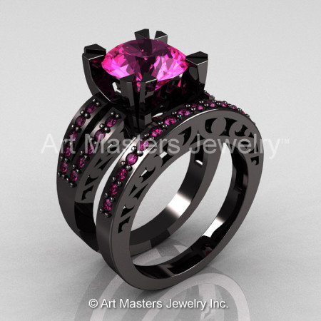 Modern Vintage 14K Black Gold 3.0 Carat Pink Sapphire Solitaire and Wedding Ring Bridal Set R102S-14KBGPS-1