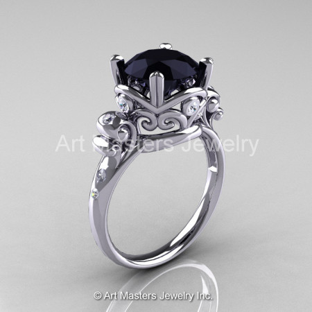Modern Vintage 10K White Gold 2.5 Carat Black Diamond Wedding Engagement Ring R167-10KWGDBD-1