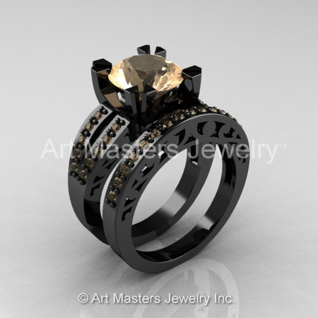 Modern Vintage 14K Black Gold 3.0 Carat Champagne Diamond Solitaire and Wedding Ring Bridal Set R102S-14KBGCHD-1