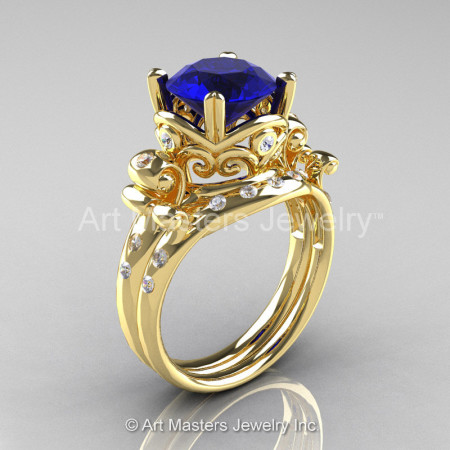 Art Masters Vintage 14K Yellow Gold 3.0 Ct Blue Sapphire Diamond Wedding Ring Set R167S-14KYGDBS-1