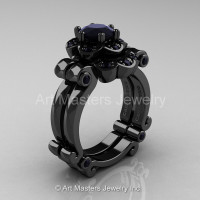 Art Masters Caravaggio 14K Black Gold 1.0 Ct Black Diamond Engagement Ring Wedding Band Set R606S-14KWGBD-1