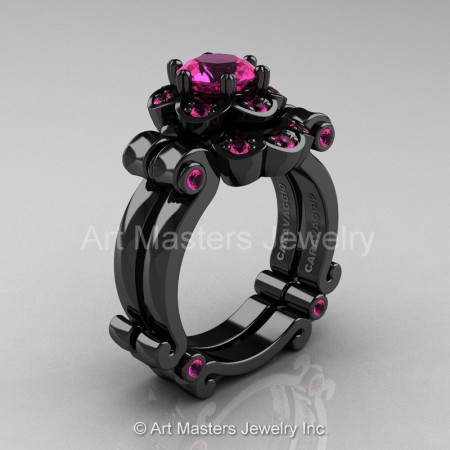 Art Masters Caravaggio 14K Black Gold 1.0 Ct Pink Sapphire Engagement Ring Wedding Band Set R606S-14KBGPS-1