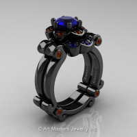 Art Masters Caravaggio 14K Black Gold 1.0 Ct Blue Sapphire Brown Diamond Engagement Ring Wedding Band Set R606S-14KBGBRDBS-1