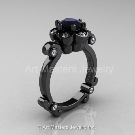 Art Masters Caravaggio 14K Black Gold 1.0 Ct Black and White Diamond Engagement Ring R606-14KBGDBD-1