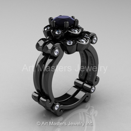 Art Masters Caravaggio 14K Black Gold 1.0 Ct Black and White Diamond Engagement Ring Wedding Band Set R606S-14KBGDBD-1