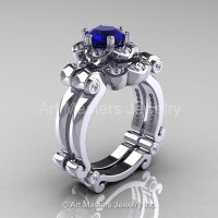 Art Masters Caravaggio 14K White Gold 1.0 Ct Blue Sapphire Diamond Engagement Ring Wedding Band Set R606S-14KWGDBS-1