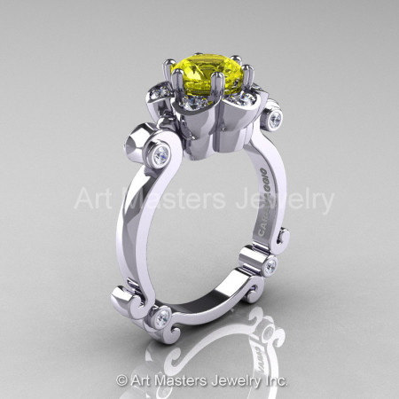 Art Masters Caravaggio 14K White Gold 1.0 Ct Yellow Sapphire Diamond Engagement Ring R606-14KWGDYS-1